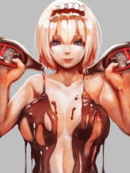 Rule 34 | 1girl, alice margatroid, axe r18, blonde hair, blue eyes, bottle, breasts, chocolate, chocolate on body, chocolate on breasts, chocolate syrup, closed mouth, commentary request, completely nude, food on body, grey background, hair between eyes, hairband, hands up, highres, holding, holding bottle, lolita hairband, looking at viewer, medium breasts, navel, nipples, nude, pouring, pouring onto self, red hairband, short hair, simple background, smile, solo, touhou, upper body