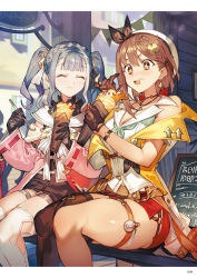 Rule 34 | 2girls, ^ ^, atelier (series), atelier ryza, atelier ryza 2, beret, black gloves, blunt bangs, blush, braid, breasts, bridal garter, brown eyes, brown gloves, brown hair, brown legwear, cleavage, closed eyes, closed mouth, crepe, earrings, food, food on face, gloves, hat, highres, holding, holding food, holding spoon, jewelry, key, key necklace, long sleeves, medium breasts, multiple girls, necklace, official art, open mouth, patricia abelheim, red shorts, reisalin stout, short hair, short shorts, shorts, silver hair, single thighhigh, sitting, sparkling eyes, spoon, thick thighs, thighhighs, thighs, toridamono, twintails, white headwear, white legwear