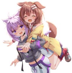 Rule 34 | 2girls, :d, animal ears, bone hair ornament, braid, breasts, brown hair, cartoon bone, cat ears, collar, commentary request, dog ears, dog girl, dog tail, dress, grey footwear, grey hoodie, hair ornament, hair over shoulder, highres, hololive, hood, hood down, hoodie, inugami korone, inugami korone (1st costume), jacket, long hair, low twintails, medium breasts, midriff, minazuki mizu, multiple girls, nail polish, nekomata okayu, nekomata okayu (1st costume), off shoulder, open clothes, open jacket, open mouth, pants, purple eyes, purple hair, red collar, red socks, shoes, simple background, smile, socks, tail, thick eyebrows, twin braids, twintails, virtual youtuber, white background, white dress, white pants, yellow jacket, yellow nails