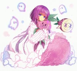 Rule 34 | 1girl, closed mouth, dress, food, frilled dress, frills, ghost, hakusai (tiahszld), highres, holding, long hair, long sleeves, looking at viewer, original, purple eyes, purple hair, simple background, solo, stuffed toy, tearing up, white background, white dress