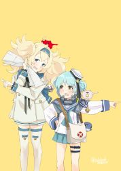 Rule 34 | 2girls, abyssal ship, alakoala, anchor, bag, blonde hair, blue eyes, blue hair, blush, brown eyes, dated, double bun, enemy lifebuoy (kancolle), escort water princess, fang, gambier bay (kancolle), hair bun, hairband, hand on own hip, hat, highres, kantai collection, lifebuoy, long hair, long sleeves, medal, multiple girls, open mouth, pleated skirt, samuel b. roberts (kancolle), shoulder bag, signal flag, simple background, skirt, star (symbol), swim ring, thigh strap, thighhighs, twintails, twitter username, whale, white legwear, yellow background