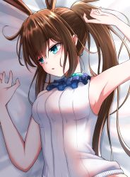 Rule 34 | 1girl, amiya (arknights), animal ears, arknights, arm up, armpits, bare arms, bare shoulders, bed sheet, blue eyes, blush, breasts, brown hair, chain&#039;s, commentary, english commentary, hair between eyes, hand up, head tilt, highres, long hair, lying, medium breasts, on back, parted lips, ponytail, rabbit ears, shirt, sidelocks, sleeveless, sleeveless shirt, solo, upper body, white shirt