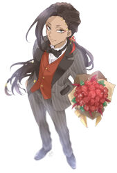 Rule 34 | 1boy, black bow, black bowtie, black footwear, bouquet, bow, bowtie, braid, brown eyes, brown hair, buttons, closed mouth, collared shirt, commentary request, dark-skinned male, dark skin, eyeliner, floating hair, flower, formal, from above, full body, gem, grey jacket, grey pants, hair ornament, highres, holding, holding bouquet, jacket, jamil viper, lapels, long hair, looking at viewer, makeup, male focus, multiple braids, open clothes, open jacket, pants, pinstripe pattern, ponytail, red flower, red rose, red vest, rose, shirt, shoes, signature, simple background, smile, solo, standing, striped clothes, striped jacket, striped pants, traditional bowtie, twisted wonderland, vertical-striped clothes, vertical-striped jacket, vertical-striped pants, vest, waistcoat, white background, white shirt, yupinaccho