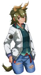 Rule 34 | 1girl, alternate costume, animal ears, arm at side, aurochs (kemono friends), belt, brown eyes, cardigan, casual, closed mouth, collared shirt, contemporary, cow ears, cow girl, cow horns, cow tail, cropped legs, dark-skinned female, dark skin, denim, drawstring, extra ears, green hair, hair between eyes, highres, hood, hood down, hooded cardigan, horizontal pupils, horns, jacket, jeans, jewelry, kemono friends, long sleeves, looking at viewer, medium hair, open clothes, open jacket, pants, pendant, pocket, shirt, sidelocks, simple background, smile, solo, tail, tanabe (fueisei), torn clothes, torn jeans, torn pants, unzipped, white background, wing collar, zipper, zipper pull tab