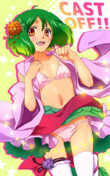 Rule 34 | 1girl, ahoge, bikini, bikini under clothes, breasts, cero (cerocero), gluteal fold, green hair, hair ornament, looking at viewer, macross, macross frontier, navel, open clothes, open mouth, partially undressed, pink bikini, ranka lee, red eyes, short hair, side-tie bikini bottom, small breasts, smile, solo, swimsuit, thighhighs