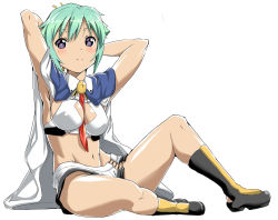 Rule 34 | 10s, 1girl, aquarion (series), aquarion evol, armpits, arms behind head, arms up, blush, boots, breasts, ekakibito, full body, green hair, medium breasts, midriff, navel, short hair, simple background, smile, solo, white background, zessica wong
