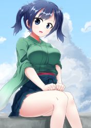Rule 34 | 10s, 1girl, bad id, bad pixiv id, black hair, blouse, blue eyes, blue hair, breasts, hikyakuashibi, japanese clothes, kantai collection, large breasts, long sleeves, matching hair/eyes, open mouth, personification, ribbon, shirt, short hair, sitting, skirt, smile, solo, souryuu (kancolle), twintails, wide sleeves