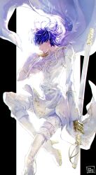 Rule 34 | 1other, absurdres, androgynous, black border, blue eyes, blue hair, border, cape, commentary request, high heels, highres, houseki no kuni, itabasami, medium hair, military uniform, phosphophyllite (ll), profile, sheath, sheathed, shoes, simple background, smile, solo, sword, uniform, weapon, white background