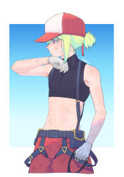 Rule 34 | 1boy, androgynous, blue background, border, dirty, gloves, gradient background, green hair, highres, kome 1022, lio fotia, male focus, midriff, navel, outside border, pants, ponytail, profile, promare, purple eyes, red headwear, red pants, short hair, sidelocks, solo, sweat, two-tone headwear, white border, white gloves