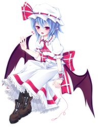 Rule 34 | 1girl, :d, ascot, bat wings, blue hair, blush, boots, brooch, brown footwear, fang, frilled shirt collar, frilled skirt, frills, full body, ginzake (mizuumi), hat, hat ribbon, heart, jewelry, looking at viewer, mob cap, open mouth, pantyhose, pointy ears, puffy short sleeves, puffy sleeves, red eyes, red ribbon, remilia scarlet, ribbon, sash, short hair, short sleeves, skirt, skirt set, smile, solo, string, string of fate, touhou, wings, wrist cuffs