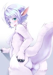 Rule 34 | 1girl, animal ears, ass, blue eyes, blue hair, blush, body fur, breasts, commentary request, completely nude, furry, furry female, highres, kageroh, medium breasts, nude, short hair, solo, sweat, tail, white fur