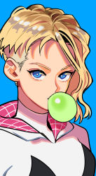 Rule 34 | 1girl, absurdres, animification, blonde hair, blue background, blue eyes, bodysuit, bright pupils, blowing bubbles, chewing gum, gwen stacy, highres, hood, hood down, hooded bodysuit, looking at viewer, marvel, okada (hoooojicha), portrait, shadow, simple background, solo, spider-man: into the spider-verse, spider-man (series), spider-verse, undercut, white pupils