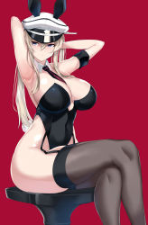 Rule 34 | 1girl, absurdres, adapted costume, animal ears, armband, armpits, arms up, bare shoulders, black leotard, black necktie, black thighhighs, blonde hair, breasts, cleavage, crossed legs, detached collar, fake animal ears, garter straps, graf zeppelin (kancolle), hair between eyes, hat, highleg, highleg leotard, highres, kantai collection, large breasts, leotard, long hair, looking at viewer, maruyaa (malya1006), military hat, necktie, peaked cap, playboy bunny, rabbit ears, rabbit tail, red background, sidelocks, simple background, sitting, solo, strapless, strapless leotard, tail, thighhighs, thighs, twintails, white hat, wrist cuffs
