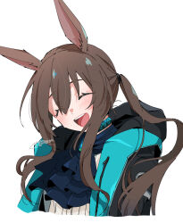 Rule 34 | 1girl, :d, amiya (arknights), animal ears, arknights, artist name, ascot, black ascot, black coat, blush, brown hair, citron80citron, closed eyes, coat, facing viewer, hood, hood down, hooded coat, long hair, open mouth, ponytail, rabbit ears, sidelocks, simple background, smile, solo, upper body, white background