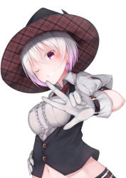 Rule 34 | 1girl, bad id, bad pixiv id, blush, earrings, frills, gloves, grin, hat, jewelry, midriff, navel, one eye closed, original, pink eyes, puffy short sleeves, puffy sleeves, rerrere, shirt, short sleeves, silver hair, smile, solo, v, vest, white gloves, witch hat
