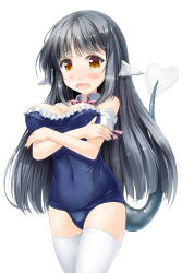 Rule 34 | 1girl, animal ears, black hair, detached collar, detached sleeves, kokage, kokage (next nest), long hair, one-piece swimsuit, original, school swimsuit, solo, swimsuit, tail, thighhighs, white thighhighs, yellow eyes