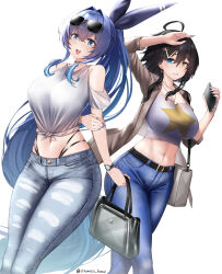 Rule 34 | 2girls, :3, :d, absurdly long hair, absurdres, arm behind back, arm up, azur lane, bag, bare shoulders, belt, black belt, black choker, black hair, black ribbon, blue eyes, blue hair, blue nails, breasts, brown jacket, casual, cellphone, choker, clothing cutout, collarbone, commentary, cowboy shot, crop top, denim, earrings, english commentary, eyewear on head, georgia (azur lane), hair between eyes, hair intakes, hair ornament, hair ribbon, hairclip, heterochromia, highleg, highleg panties, highres, holding, holding bag, holding phone, irkawaza, jacket, jeans, jewelry, large breasts, long hair, looking at viewer, midriff, multiple girls, navel, necklace, new jersey (azur lane), open clothes, open jacket, open mouth, panties, pants, parted lips, phone, ponytail, ribbon, shirt, short hair, shoulder cutout, sidelocks, simple background, smartphone, smile, standing, star (symbol), star earrings, star necklace, star print, sunglasses, tied shirt, torn clothes, torn jeans, torn pants, twitter username, underwear, very long hair, watch, white background, white shirt, wristwatch, yellow eyes