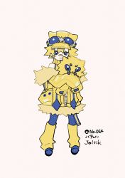 Rule 34 | 1boy, animal, bandaid, bandaid on face, bandaid on nose, blonde hair, blue-tinted eyewear, blue eyes, blue footwear, bug, closed mouth, creatures (company), full body, fur-trimmed jacket, fur trim, game freak, gen 5 pokemon, goggles, goggles on head, hair between eyes, harurie, holding, holding animal, jacket, joltik, leg warmers, long sleeves, looking at viewer, male focus, nintendo, off shoulder, personification, pokemon, pokemon (creature), short hair, sleeveless, sleeves past fingers, sleeves past wrists, solo, spider, spiked hair, standing, tinted eyewear, turtleneck, white background, yellow headwear, yellow jacket, zipper