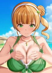 Rule 34 | 1boy, 1girl, absurdres, bare shoulders, beach, bead necklace, beads, bikini, blonde hair, blue sky, blush, breasts, closed mouth, cloud, collarbone, day, frilled bikini, frills, green bikini, green eyes, hair bun, hairband, heanna sumire, hetero, highres, jewelry, large breasts, love live!, love live! superstar!!, mero en e, motion blur, motion lines, necklace, one side up, outdoors, paizuri, paizuri under clothes, pov, pov crotch, sky, smile, swimsuit, textless version, white hairband