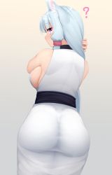 Rule 34 | ?, animal ear fluff, animal ears, ass, bare shoulders, blue hair, breasts, cowboy shot, fox ears, fox girl, from behind, gradient background, grey background, hairdressing, highres, japanese clothes, kimono, large breasts, long hair, looking at viewer, looking back, ne an ito, obi, purple eyes, sash, sideboob, sidelocks, sleeveless, sleeveless kimono, third-party edit, voiceroid, white kimono