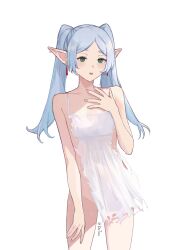 Rule 34 | 1girl, absurdres, babydoll, bare arms, bare shoulders, blush, commentary, covering privates, cowboy shot, dress, dutou, earrings, elf, frieren, green eyes, grey hair, highres, jewelry, long hair, looking at viewer, nude cover, open mouth, pointy ears, simple background, sleeveless, sleeveless dress, solo, sousou no frieren, standing, sweat, torn clothes, twintails, white background, white dress