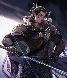 Rule 34 | 1boy, arknights, armor, belt, belt buckle, black hair, buckle, cape, dark-skinned male, dark skin, dog tags, fur-trimmed collar, fur trim, gloves, hair slicked back, holding, holding sword, holding weapon, muscular, muscular male, pointy ears, ryuuzaki ichi, solo, standing, sword, taut clothes, toland (arknights), weapon
