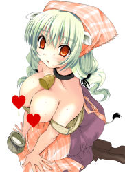Rule 34 | 1girl, animal ears, bell, breast milk, breasts, censored, censored nipples, collar, cow ears, cow girl, cow tail, farmer, green hair, hat, heart, heart censor, kneeling, lactation, large breasts, leash, long hair, milk, neck bell, ninoko, off shoulder, original, plaid, red eyes, slit pupils, solo, sweat, tail