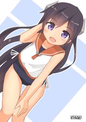 Rule 34 | 1girl, artist name, black hair, blouse, blush, brown hair, collarbone, cowboy shot, flat chest, hair between eyes, hand in own hair, headgear, highres, i-400 (kancolle), kantai collection, long hair, looking at viewer, one-piece swimsuit, open mouth, orange sailor collar, pepatiku, sailor collar, school swimsuit, school uniform, shirt, sleeveless, sleeveless shirt, smile, solo, standing, swimsuit, swimsuit under clothes, white background, white shirt