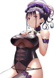 Rule 34 | 1girl, armlet, bare shoulders, black hair, black one-piece swimsuit, blush, breasts, closed mouth, commentary, covered navel, fate/grand order, fate (series), fingernails, gold trim, hair ornament, hands on own chest, highleg, highleg swimsuit, highres, large breasts, long hair, looking at viewer, makeup, murasaki shikibu (fate), murasaki shikibu (swimsuit rider) (fate), murasaki shikibu (swimsuit rider) (first ascension) (fate), one-piece swimsuit, otsukemono, purple eyes, shiny clothes, simple background, single thighhigh, solo, swimsuit, symbol-only commentary, thighhighs, turtleneck