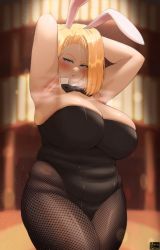 Rule 34 | 1girl, android 18, animal ears, armpits, arms behind head, arms up, bare shoulders, blonde hair, blue eyes, blush, breasts, cleavage, dragon ball, fat, highres, huge breasts, large breasts, leotard, looking at viewer, playboy bunny, plump, rabbit ears, solo, sweat, thick thighs, thighs, zeroqrisu