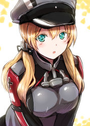 Rule 34 | 10s, 1girl, :o, anchor, anchor hair ornament, aqua eyes, blonde hair, blush, breast press, breasts squeezed together, breasts, cross, eyelashes, green eyes, hair ornament, hat, highres, iron cross, kantai collection, large breasts, leaning forward, looking at viewer, military, military hat, military uniform, open mouth, peaked cap, prinz eugen (kancolle), reco (fortunequest), solo, twintails, uniform, upper body