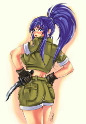 Rule 34 | 1girl, ass, bad deviantart id, bad id, blue eyes, blue hair, blush, breasts, combat knife, cropped jacket, gloves, hands on own hips, highres, holding, holding knife, knife, large breasts, leona heidern, lips, long hair, looking back, military, military uniform, ponytail, shorts, signature, sleeves rolled up, solo, the king of fighters, ultimatesol, uniform, weapon