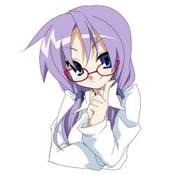 Rule 34 | 00s, 1girl, alternate hairstyle, bespectacled, blue eyes, glasses, hiiragi kagami, long hair, lowres, lucky star, purple hair, smile, solo, takeya yuuki, twintails