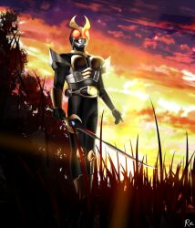 Rule 34 | 1boy, absurdres, agito (ground form), altering (agito), armor, black bodysuit, bodysuit, commentary, english commentary, flame saber, gold armor, grass, highres, holding, holding sword, holding weapon, kamen rider, kamen rider agito, kamen rider agito (series), looking up, outdoors, reiei 8, rider belt, stag beetle, standing, sunlight, sunset, sword, tokusatsu, tree, weapon