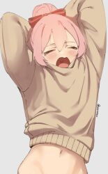Rule 34 | 1girl, blush, bottomless, bow, brown sweater, closed eyes, grey background, hair bow, long sleeves, navel, open mouth, original, out-of-frame censoring, pink hair, red bow, simple background, skeptycally, solo, sweater, tears, twitter username, yawning