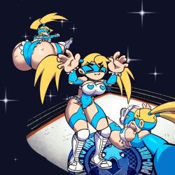 Rule 34 | 1girl, animated, animated gif, ass, ass cutout, blonde hair, blue eyes, bouncing breasts, breasts, cleavage, cleavage cutout, clothing cutout, domino mask, frills, heart, heart print, hip attack, huge ass, jellot, jumping, large breasts, long hair, mask, rainbow mika, revealing clothes, street fighter, twintails, wrestling outfit