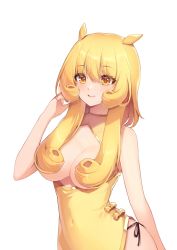 Rule 34 | 1girl, absurdres, blonde hair, breasts, breasts out, china dress, chinese clothes, chung (ugwa), cleavage, curly hair, dress, hair censor, hair over breasts, highres, medium breasts, original, panties, panty straps, side-tie panties, simple background, solo, ugwa, underwear, upper body, white background, yellow dress, yellow eyes