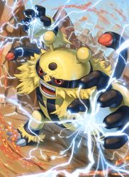 Rule 34 | claws, commentary request, creatures (company), day, electivire, electricity, fire, game freak, gen 4 pokemon, highres, leaning forward, nintendo, no humans, open mouth, orange eyes, outdoors, pokemon, pokemon (creature), solo, spareribs, standing, teeth, tongue, yellow fur