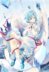 Rule 34 | 1girl, angel wings, blue eyes, blue footwear, blue hair, bow, dress, feathered wings, frilled dress, frills, full body, hair bow, hand on own chest, highres, holding, holding sword, holding weapon, ice, mai (touhou), mary janes, puffy short sleeves, puffy sleeves, red ribbon, red sash, ribbon, sash, shoes, short hair, short sleeves, socks, sword, touhou, touhou (pc-98), weapon, white bow, white dress, white socks, white wings, wings, yorktown cv-5