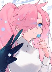 Rule 34 | 1girl, blue eyes, candy, food, grin, hair over one eye, hand up, holding, holding candy, holding food, holding lollipop, lollipop, long hair, long sleeves, looking at viewer, original, pink hair, puffy long sleeves, puffy sleeves, saku nosuke, shirt, smile, solo, suzette (sa9no), thick eyebrows, turtleneck, twintails, upper body, white shirt
