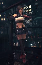 Rule 34 | 1girl, black gloves, black skirt, black sports bra, black thighhighs, boots, breasts, clenched hand, crop top, cross-laced footwear, earrings, elbow pads, facing viewer, fadingz, final fantasy, final fantasy vii, final fantasy vii remake, fingerless gloves, fist in hand, full body, gloves, highres, jewelry, long hair, looking at viewer, medium breasts, midriff, mixed-language commentary, navel, parted lips, railing, red eyes, red footwear, red lips, signature, skirt, smoking pipe, solo, sports bra, suspender skirt, suspenders, swept bangs, tank top, thighhighs, tifa lockhart, white tank top, zettai ryouiki