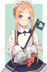 Rule 34 | 1girl, abigail williams (fate), abigail williams (festival outfit) (fate), black dress, blonde hair, blue eyes, blush, braid, closed mouth, commentary request, dress, fate/grand order, fate (series), forehead, green background, heart, heroic spirit chaldea park outfit, highres, itachi kanade, keyhole, long hair, long sleeves, looking at viewer, official alternate costume, parted bangs, shirt, sleeveless, sleeveless dress, sleeves past fingers, sleeves past wrists, solo, stuffed animal, stuffed toy, teddy bear, two-tone background, very long hair, white background, white shirt