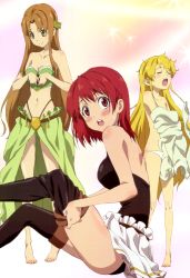 Rule 34 | 00s, 3girls, absurdres, aria (seiken no blacksmith), blonde hair, blush, breasts, brown hair, cecily cambell, cleavage, dressing, closed eyes, highleg, highres, leotard, lisa (seiken no blacksmith), long hair, multiple girls, panties, red eyes, red hair, seiken no blacksmith, short hair, thighhighs, underwear, undressing, very long hair