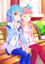 Rule 34 | 10s, 2girls, aikatsu! (series), aikatsu friends!, bench, blue hair, blue legwear, blue ribbon, blurry, braid, breasts, day, depth of field, feet out of frame, finger to mouth, fingernails, french braid, hair ornament, hair ribbon, highres, holding hands, interlocked fingers, jacket, light blue hair, light particles, long sleeves, looking at viewer, minato mio, multiple girls, outdoors, pantyhose, pink hair, purple eyes, red legwear, ribbon, short hair, sitting, sleeping, small breasts, smile, star (symbol), star hair ornament, tiramisu potato, topiary, track jacket, window, yuki aine