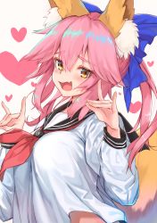 Rule 34 | 1girl, :d, animal ear fluff, animal ears, blue bow, bow, commentary request, fang, fate/grand order, fate (series), fox ears, fox shadow puppet, fox tail, hair between eyes, hair bow, heart, heart background, highres, long sleeves, looking at viewer, maru (maru1625), open mouth, resolution mismatch, school uniform, serafuku, simple background, skin fang, smile, solo, source larger, tail, tamamo (fate), tamamo no mae (fate/extra), white background, yellow eyes