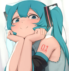 Rule 34 | 1girl, :&gt;, abmayo, bare shoulders, blush, detached sleeves, green eyes, grey shirt, hair between eyes, hair ornament, hands on own chin, hatsune miku, head rest, highres, long hair, looking at viewer, necktie, number tattoo, revision, shiny skin, shirt, shoulder tattoo, simple background, smile, solo, tattoo, twintails, upper body, vocaloid, white background