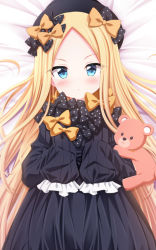 Rule 34 | 1girl, :o, abigail williams (fate), bed sheet, black bow, black dress, black hat, blonde hair, blue eyes, blush, bow, commentary request, dakimakura (medium), dress, fate/grand order, fate (series), forehead, hair bow, hat, long hair, long sleeves, looking at viewer, lying, on back, orange bow, parted bangs, parted lips, polka dot, polka dot bow, sleeves past fingers, sleeves past wrists, solo, stuffed animal, stuffed toy, sui. (ayase), teddy bear, upper body, very long hair