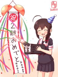 Rule 34 | 1girl, ahoge, artist logo, black hair, black serafuku, black skirt, blue eyes, braid, cannon, celebration, closed eyes, commentary request, confetti ball, dated, gradient background, hair over shoulder, hat, highres, kanon (kurogane knights), kantai collection, neckerchief, open mouth, party hat, pleated skirt, red neckerchief, school uniform, serafuku, shigure (kancolle), simple background, single braid, skirt, smile, solo, standing, turret, white background