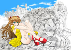 Rule 34 | 1girl, ass, bare legs, bare shoulders, blue eyes, blush, breasts, brown hair, cameltoe, castle, cleft of venus, crossed legs, dress, fetal position, full body, highleg, highleg panties, huge ass, large breasts, lips, looking at viewer, neon genesis evangelion, osaru, panties, partially visible vulva, sculpture, shiny skin, shirt, sitting, smile, solo, souryuu asuka langley, striped clothes, striped panties, thong, twintails, two side up, underwear, yellow dress
