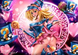 Rule 34 | 1girl, artist name, ass, bare legs, bare shoulders, blonde hair, boots, breasts, creature, dark magician girl, demon, duel monster, female focus, gloves, green eyes, hat, heart, huge ass, kuriboh, large breasts, long hair, looking at viewer, looking back, magical girl, panties, shiny skin, skirt, smile, solo, underwear, very long hair, wizard hat, yu-gi-oh!